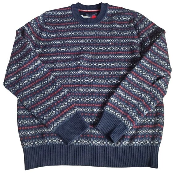 Tommy Hilfiger Sweater Mens Navy Blue‎ Red Stripes Fair Isle Washable Luxe Wool - Picture 1 of 6